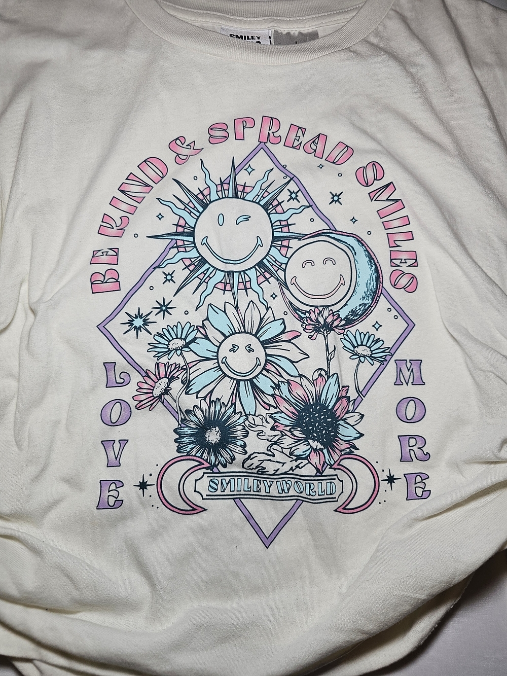 Smiley World Ruched Baby Tee Kids Large Pastel Graphic Crop Top Y2K Fairycore - Picture 4 of 5